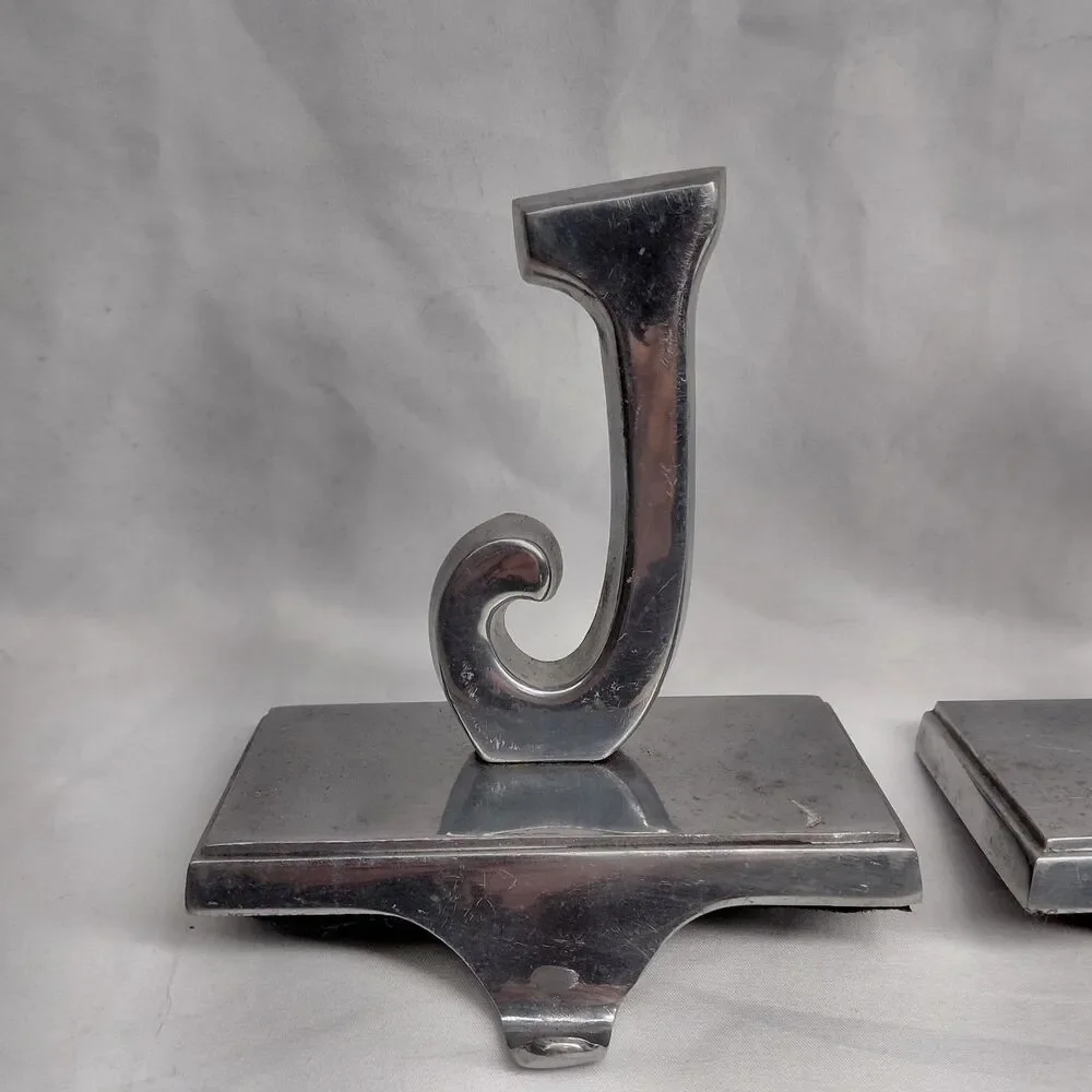 Vintage Cast Iron JOY Christmas Stocking Holders Mantel Hangers Weighted Set